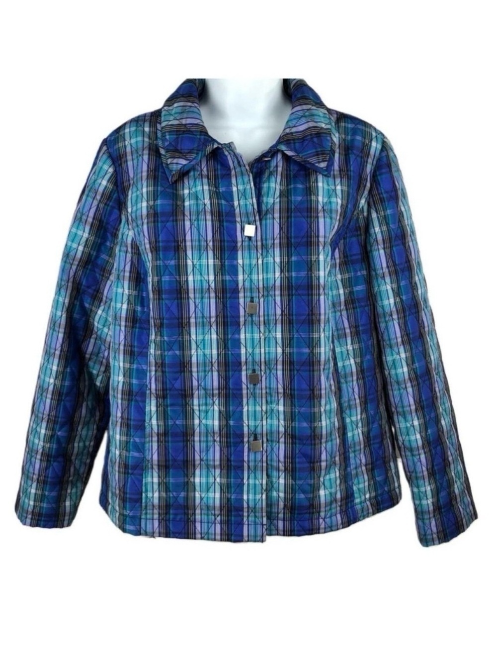 RQT Blue Plaid Quilted Lightweight Puffer Jacket Size L Classic Preppy